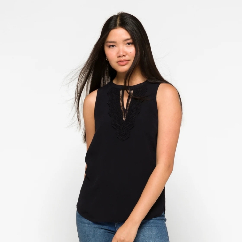 Daniel Rainn Pale Sky Quin Keyhole lace Sleeveless blouse in black. Small